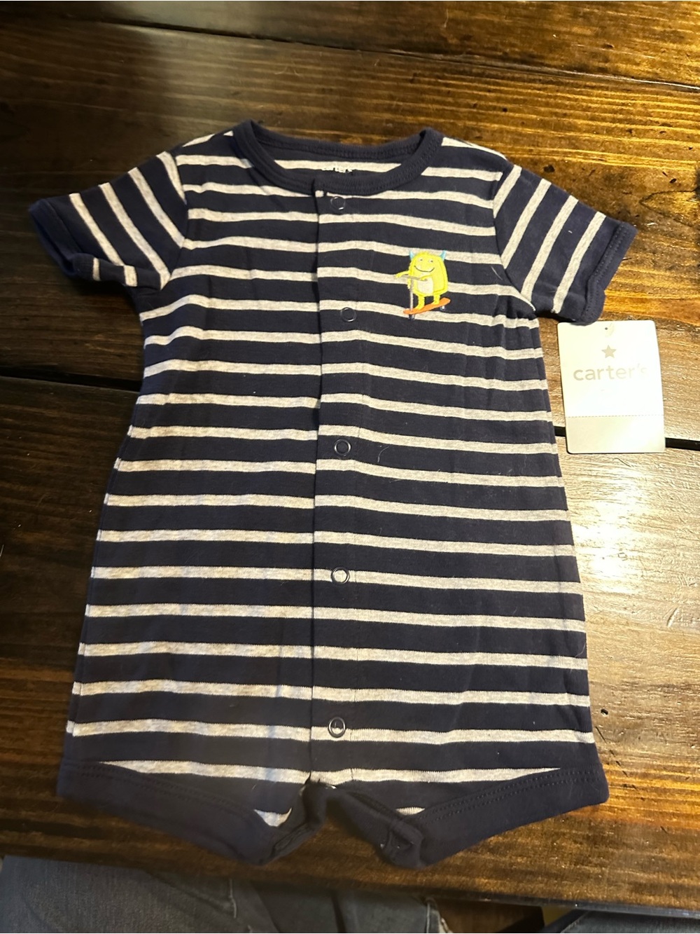 Carter's Navy & White Striped Baby Romper with Smiling Monster Patch